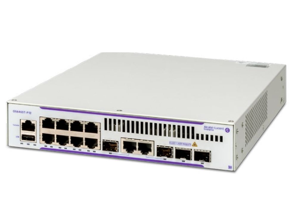OS6465T-P12 Switch, AC PSU and EU Cord PoE+, 2 Gig combo, 2 SFP ports. 1RU x 1/2 rack